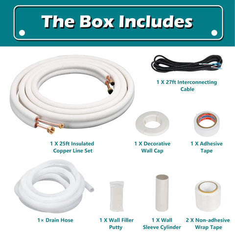 Mini Split Line Set Kit With 25 Ft Copper Lines One Quarter Inch And Three Eighth Inch displayed with fittings and accessories.