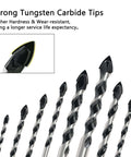 Front view of GMTOOLS 10-piece masonry drill bit set with carbide tips, sizes 1/8–1/2 in, arranged in a fan