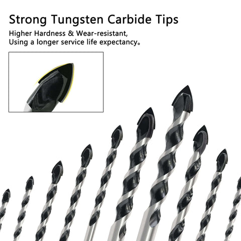 Front view of GMTOOLS 10-piece masonry drill bit set with carbide tips, sizes 1/8–1/2 in, arranged in a fan