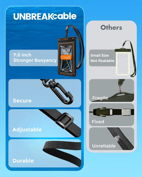 Floating Waterproof Phone Pouch 2 Pack IPX8 Dry Bag Case with secure adjustable strap and durable material details