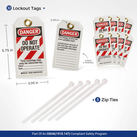 Lockout Tagout Station Kit with LOTO Devices includes 10 Do Not Operate tags and zip ties for fast, safe power down and readiness.