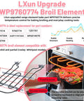 Heavy Duty Oven Broil Heating Element Replacement For KitchenAid And Whirlpool Ranges Stoves Ovens Fits WP9760774 in an open oven with highlighted features
