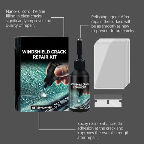 Windshield Crack Repair Kit For A Quick No Mess Fix And Invisible Finish, DIY Glass Repair For Home Roadside And Auto Shop Use, Three Step Application That Stops Spreading And Delivers A Clear Seamless Repair including liquid bottle, razor blade, and packaging with text.