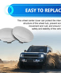 Heavy Duty Snap In Wheel Center Caps 4 Pack Universal Hub Covers close-up, silver, 2.36 inch, easy replacement, waterproof protection.
