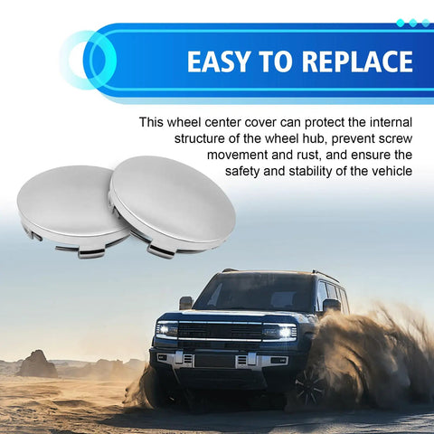 Heavy Duty Snap In Wheel Center Caps 4 Pack Universal Hub Covers close-up, silver, 2.36 inch, easy replacement, waterproof protection.