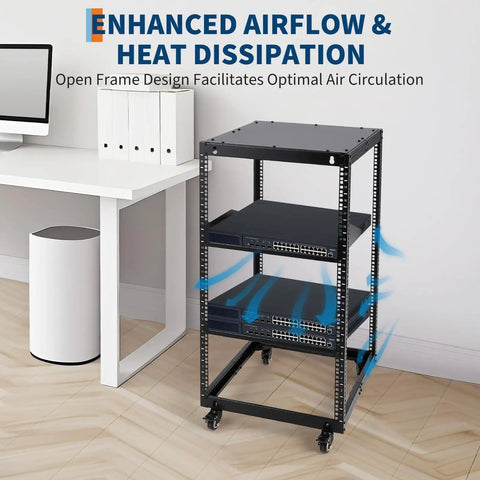 Rock Solid 20U Open Frame Network Rack Hella Sturdy Cold Rolled Steel Server Cabinet With Super Adjustable Depth Between 22 And 40 Inches showing enhanced airflow with AV gear on shelves.