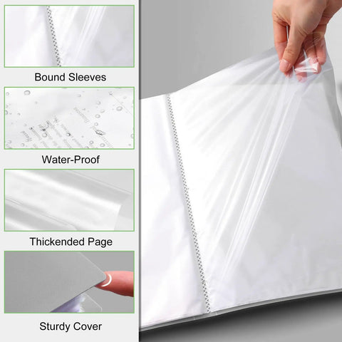 Close-up of Rugged Binder With Clear Sleeves And 60 Sheet Protectors, Holds 120 Pages, showing waterproof pages and sturdy cover.