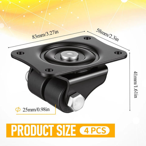 Heavy Duty Swivel Caster Wheels One Inch Diameter With Flat Plate Mounting for Furniture and Equipment, showing dimensions.