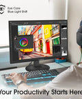 27 Inch IPS Monitor With Built In Speakers, 1080p Resolution, 75Hz Refresh Rate, HDMI And VGA, Wide Viewing Angles, Fast Response Time For Office Or Gaming, Black Frame Bang For Buck displayed on a desk setup with keyboard and headphones.