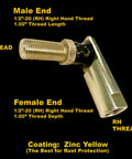 2 Pack Universal One Half Inch Twenty Thread Right Hand Ball Joint Tie Rod End With Beefed Up Super Tough Crimped Joint Heavy Duty Seal Zinc Yellow Coating For Rust Protection And Long Lasting Steering Performance, 1/2-20 RH male and female ends