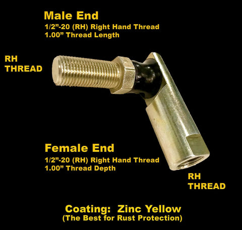 2 Pack Universal One Half Inch Twenty Thread Right Hand Ball Joint Tie Rod End With Beefed Up Super Tough Crimped Joint Heavy Duty Seal Zinc Yellow Coating For Rust Protection And Long Lasting Steering Performance, 1/2-20 RH male and female ends