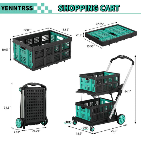 8 In 1 Collapsible Shopping Cart With 350 Lb Capacity, Heavy Duty Foldable Grocery Cart On Wheels, Dual Storage Crates, Blue