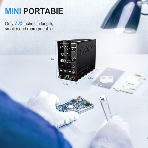 Variable DC Power Supply 30V 10A 300W Lab Bench Charger with Output Switch shown on workbench