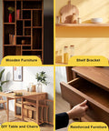 Collage of wooden furniture, shelf bracket, DIY table and chairs, and reinforced furniture close-up.