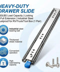 Heavy Duty Locking Drawer Slides 53 Inch Width Full Extension Runners With Lock And Ball Bearing Stainless Steel Drawer Rails For 24 26 28 30 32 34 36 38 40 Inch Cabinets Three Fold Side Mount Hardware with screws