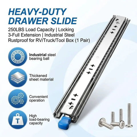 Heavy Duty Locking Drawer Slides 53 Inch Width Full Extension Runners With Lock And Ball Bearing Stainless Steel Drawer Rails For 24 26 28 30 32 34 36 38 40 Inch Cabinets Three Fold Side Mount Hardware with screws