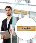 Clear Acrylic Wall Name Plate Holder 2x8 Inches, 5 Pack Sign Frame with adhesive on glass door featuring "Allen Eric, Doctor"