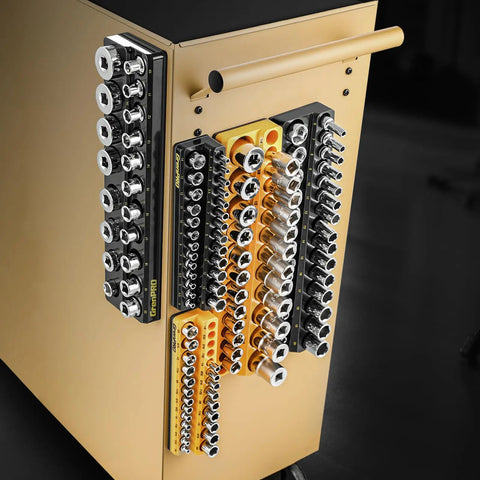 Magnetic Socket Organizer Set For Toolbox Drawer 6pc installed on tool cart with 3 metric and 3 SAE holders in use
