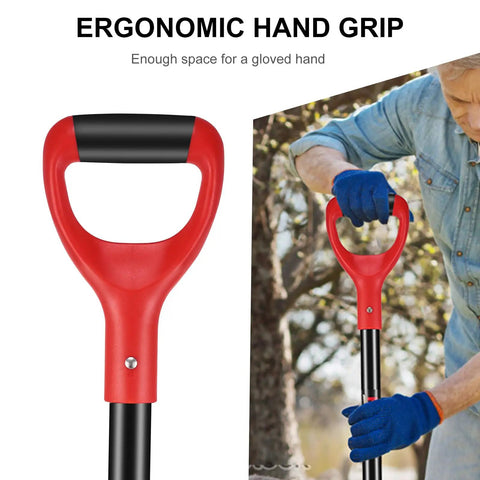 Close-up of ergonomic grip on sturdy 4 tine heavy duty pitchfork with fiberglass handle for gardening and farm work long 43 inches