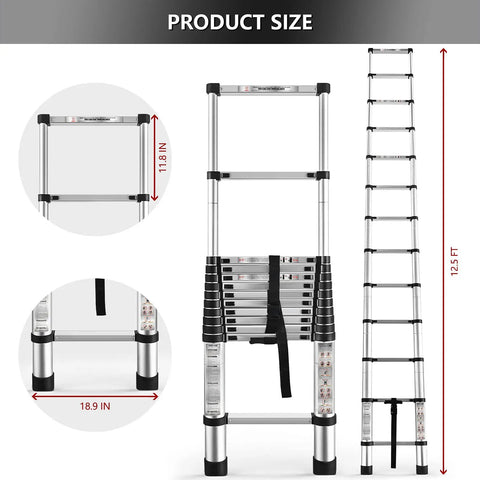 Twelve And A Half Foot Aluminum Telescoping Ladder That Extends From Compact Fold To Full Height With Non Slip Rungs illustration.
