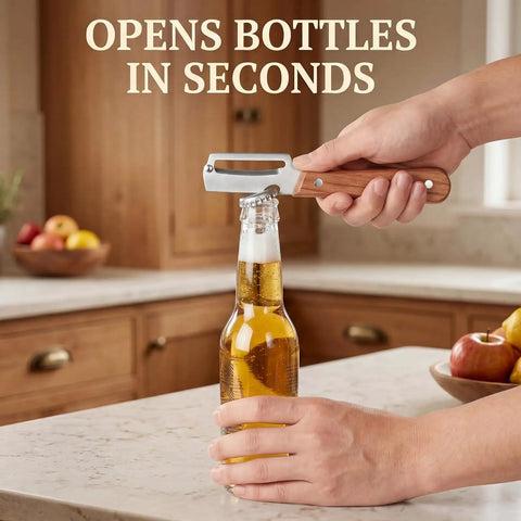 Heavy Duty 2 In 1 Kitchen Peeler With Bottle Opener Thick 1.8mm stainless steel blade opening bottle on kitchen counter