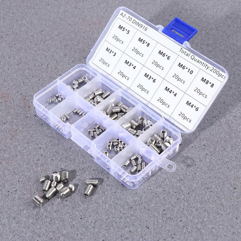 Must Have Industrial Fasteners Kit With 200 Pcs Stainless Steel Headless Grub Screws, Flat Point Set Screws M8 And M5 In Metric Thread, Hex Socket, Locating Pulleys And Locks In Place, Heavy Duty Machinery Fasteners. Plastic case with stainless steel grub screws