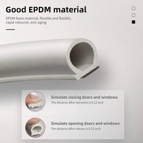 Close-up of EPDM foam weather stripping for doors and windows, white, flexible seal, simulating opening and closing positions.