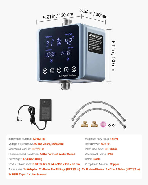 Smart Digital Instant Hot Water Recirculating Pump Kit under sink with Thermostat Timer and Auto Shutoff 4.0 GPM close-up with display and fittings