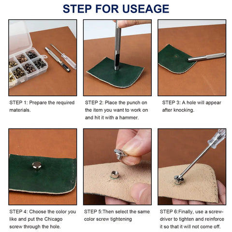 Straight-Up Chicago Studs Leather Crafting Kit With Heavy-Duty Punch Tools And Precision Screwdrivers And 100 Piece Multi-Color Binding Screw Set For Badass Diy Projects step-by-step usage instructions for leather crafting.