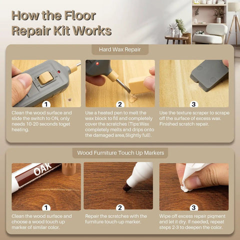 How the No Hassle Wood Floor And Furniture Repair Kit With Heat Acting Wax Pen works for scratch repair with detailed steps.