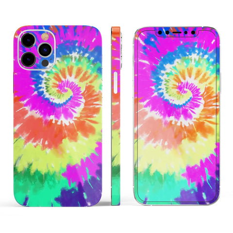 Spiral Tie Dye Full Body Skin Decal Wrap Kit for iPhone 13 with Screen Trim and Back Skin, Matte Soft-Touch Finish displayed.
