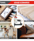 Heavy Duty Pneumatic Upholstery Stapler With 2 Inch Long Nose For Tight Corners 22 Gauge 1/4 To 5/8 Inch Staples shown with usage scenarios