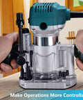 Built Tough Aluminum Plunge Router Base Bracket Replacement For Compact Palm Routers With Effortless Quick Lock Setup And Ridiculously Fine Depth Tweaking For Serious Builders in use, showing detailed adjustment controls.