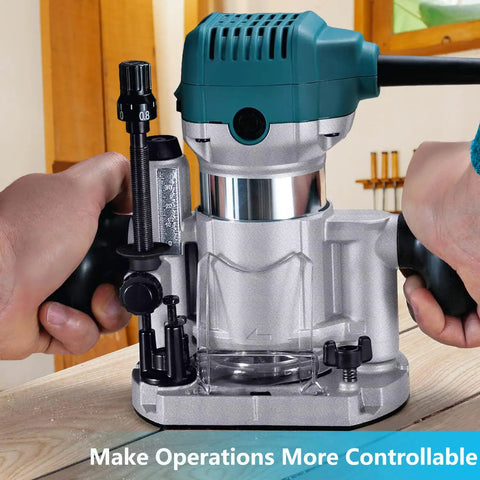 Built Tough Aluminum Plunge Router Base Bracket Replacement For Compact Palm Routers With Effortless Quick Lock Setup And Ridiculously Fine Depth Tweaking For Serious Builders in use, showing detailed adjustment controls.