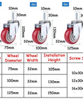 Heavy Duty 3/4/5in Swivel Caster Wheels Set of 4 360° Industrial PU Silent Threaded Stem Casters dimensions comparison.
