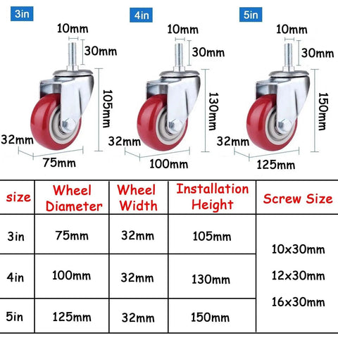 Heavy Duty 3/4/5in Swivel Caster Wheels Set of 4 360° Industrial PU Silent Threaded Stem Casters dimensions comparison.