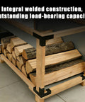 Beefy 8 Pack Workbench Corner Brackets Kit For DIY Tables And Shelves installed on wood frame supporting logs