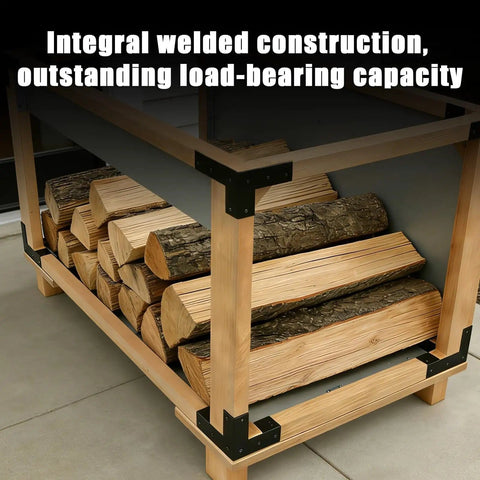 Beefy 8 Pack Workbench Corner Brackets Kit For DIY Tables And Shelves installed on wood frame supporting logs