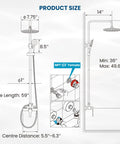 Outdoor Shower System High Pressure Dual Function Wall Mount Rig, SUS304 Stainless Steel dimensions diagram with hose and rainfall head.