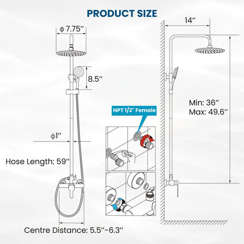 Outdoor Shower System High Pressure Dual Function Wall Mount Rig, SUS304 Stainless Steel dimensions diagram with hose and rainfall head.