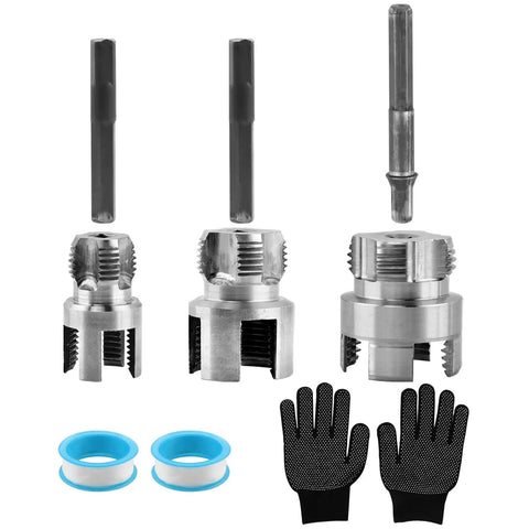 Pipe Threading Tool Kit For One Half, Three Quarter, And One Inch Pipes shown with accessories, gloves, and tape