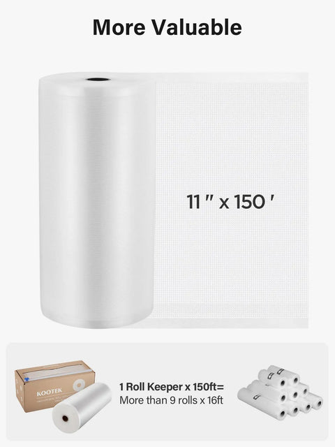 11 Inch By 150 Foot Vacuum Sealer Bags Roll With Cutter Dispenser, BPA Free Commercial Grade Food Storage Bags, image showing roll and packaging.