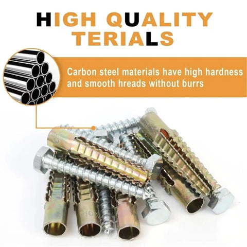 30 Sets Metal Serrated Expansion Tube Screws for Concrete and Drywall Anchors Kit Self Drilling No Prep Install Premium Yellow Zinc Plated Carbon Steel Fasteners for Rust Resistant Heavy Duty Wall Mounts, carbon steel tubes