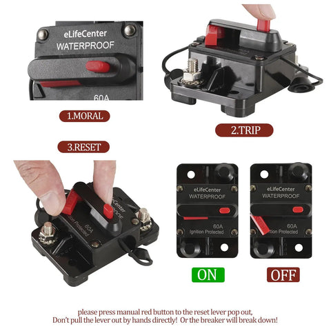 Pro Grade Manual Reset 80 Amp Dc Circuit Breaker With Quick Toggle Switch For 12 To 48 Volt Systems Dual Pack showing waterproof features.