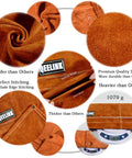 Close-up details of Beefy Heavy Duty Welding Apron With Gloves For Men, highlighting leather thickness, stitching, and weight on scale.