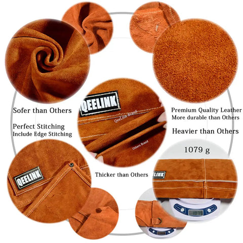 Close-up details of Beefy Heavy Duty Welding Apron With Gloves For Men, highlighting leather thickness, stitching, and weight on scale.