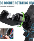 Heavy Duty Electric Hydraulic 8 Ton Battery Cable Crimping Tool With Nine Fast Swap Dies, featuring a 360-degree rotating head.