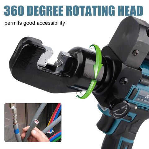 Heavy Duty Electric Hydraulic 8 Ton Battery Cable Crimping Tool With Nine Fast Swap Dies, featuring a 360-degree rotating head.