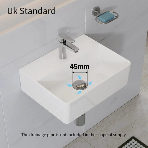 Small Bathroom Wash Basin Sink White 40x30x12cm｜Slim Ed & Sto Led Design - Countertop or Wall Mounted Recular Basin for Smal Bathroom Cloakroom WC with tap and drainage detail.