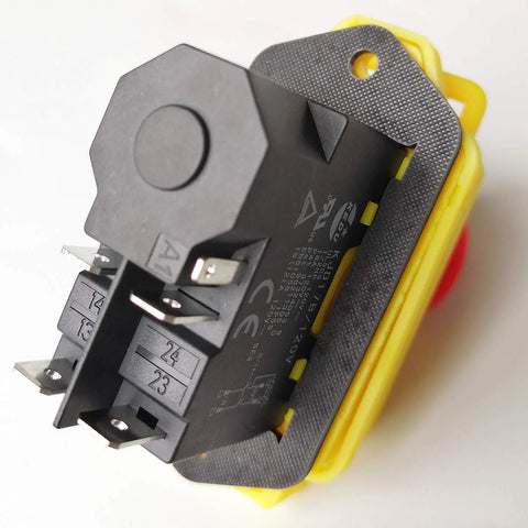 Waterproof Electromagnetic Push Button Switch With Emergency Stop Cover for woodworking and metalworking machines, 5 pins, close-up.